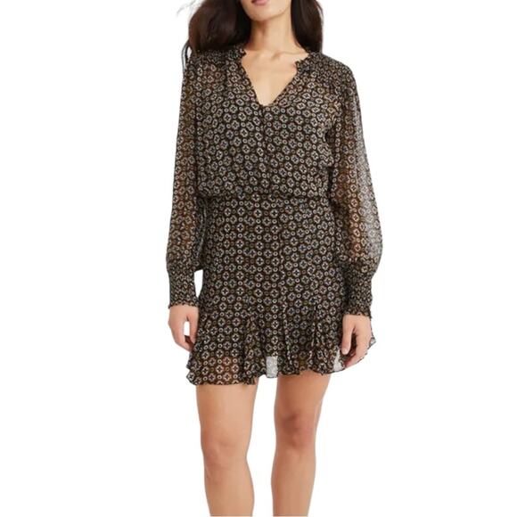 Veronica Beard Sacchi Token Print Long Sleeve Chiffon Short Dress 4 - Picture 1 of 11